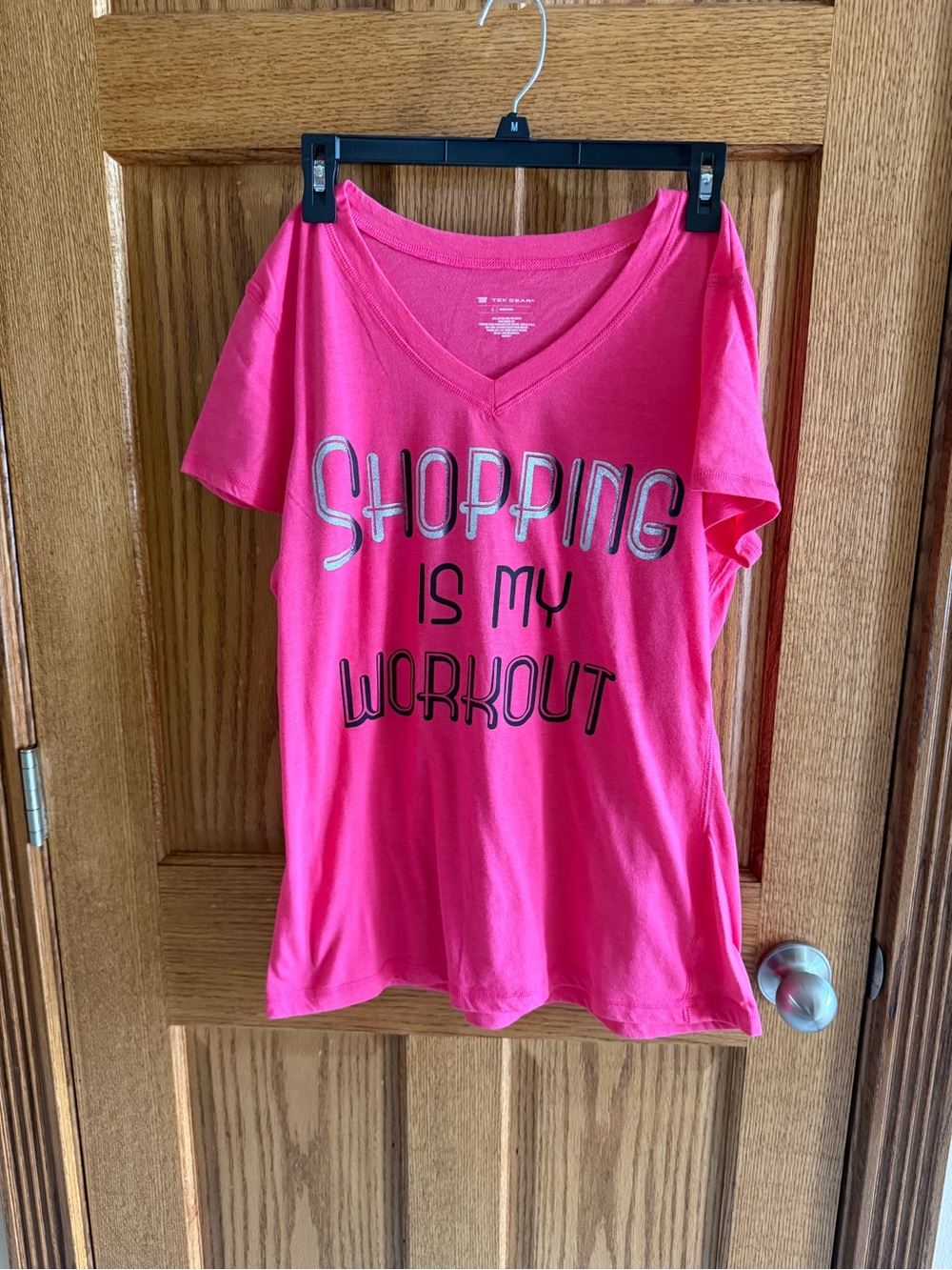 Bright Pink Tek Gear Large V-Neck Graphic Tee - "Shopping Is My Workout"